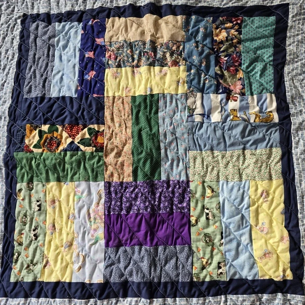 Handmade Baby Quilt‎ Patchwork Cotton Quilted Blue Nursery Blanket 36